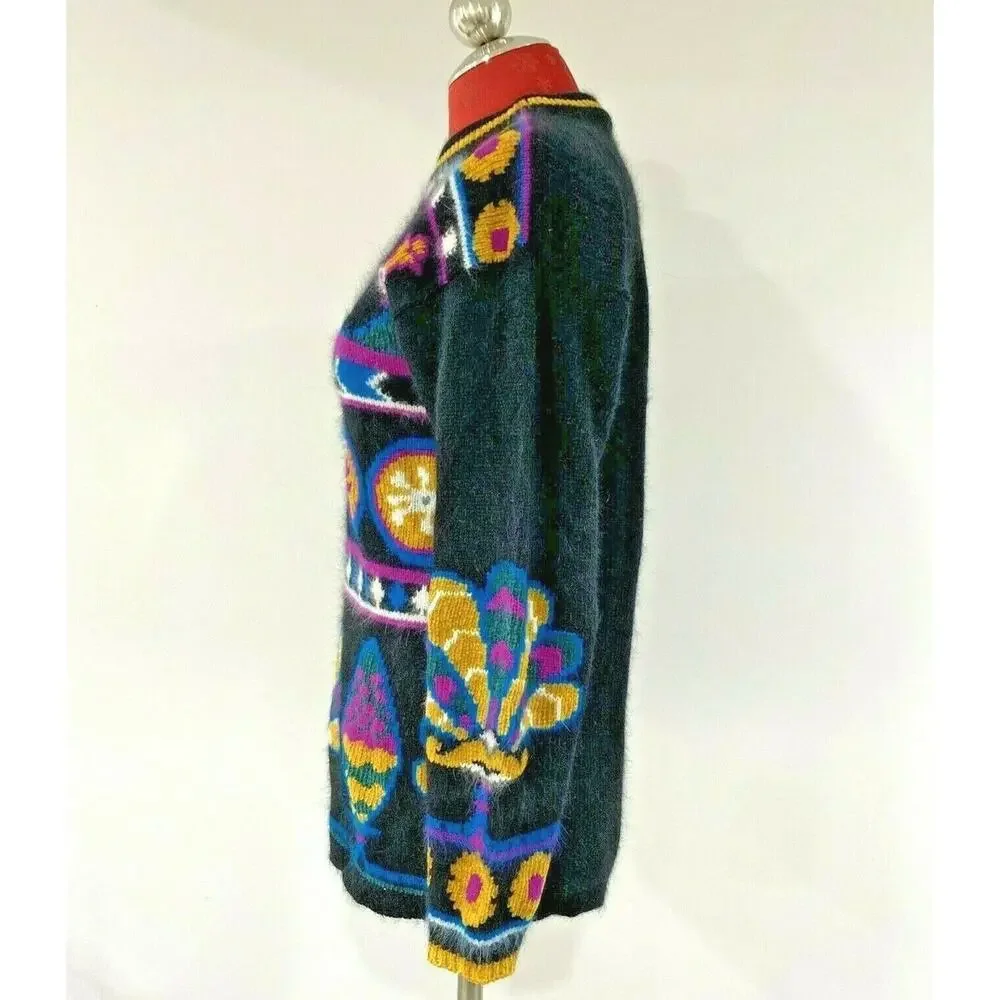 Retro Rafaella Angora Blend Sweater Chunky Black & Multicolor Geometric S/Petite